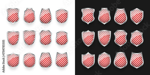Glossy shields with red and black white. Security and protection concept. Cyber safety icons, internet privacy, web defense, digital data protection and   themes. Vector illustration.
