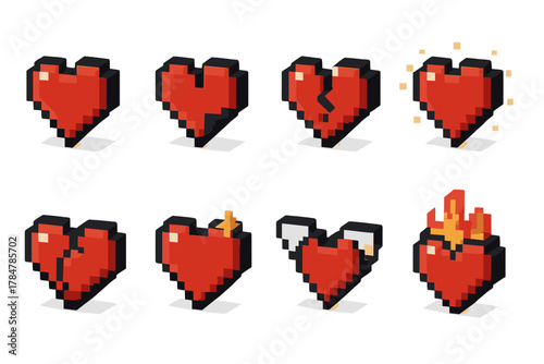 Pixel heart 3d icon set. featuring whole, broken, glowing, cracked, fiery, and winged heart designs
