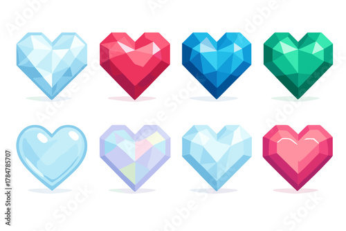Gemstone heart silhouette icon set. featuring gemstone hearts in various colors