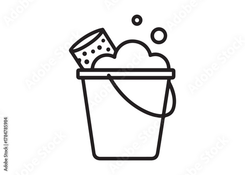 Bucket with soapy water and sponge Line art Vector design