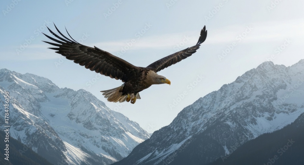 custom made wallpaper toronto digitalBald eagle soars over snow-capped mountains, wings spread against clear blue sky