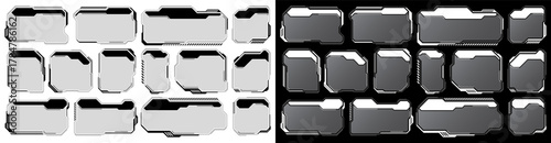 White futuristic HUD, UI elements. Sci-fi user interface text boxes, callouts. Warning message frames, information boxes template. Modern game interface layout in digital style. Vector illustration.