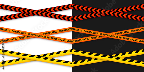 Barricade construction tape. Colorful police warning line, brightly colored danger or hazard stripe, ribbon. Restricted area, zone. Attention symbol. Vector illustration.