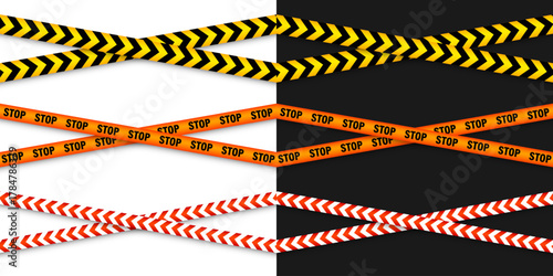 Barricade construction tape. Colorful police warning line, brightly colored danger or hazard stripe, ribbon. Restricted area, zone. Attention symbol. Vector illustration.