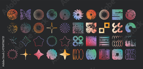 Brutalist geometric shapes, modern grunge symbols. Simple primitive elements and forms, distressed details. Retro design, aged, vintage, trendy contemporary minimalist style, y2k. Vector illustration.