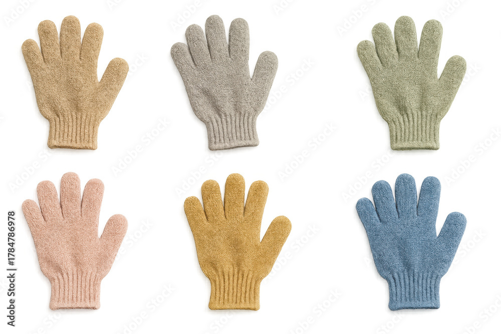 Fototapeta premium Collection of warm knitted gloves in various colors, soft wool winter clothing accessories, transparent background
