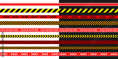 Barricade construction tape. Colorful police warning line, brightly colored danger or hazard stripe, ribbon. Restricted area, zone. Attention symbol. Vector illustration.