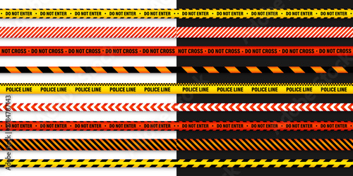 Barricade construction tape. Colorful police warning line, brightly colored danger or hazard stripe, ribbon. Restricted area, zone. Attention symbol. Vector illustration.
