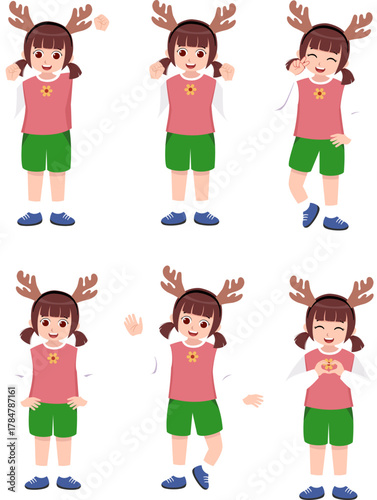Christmas Girl Character Set with Various Gestures