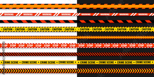 Barricade construction tape. Colorful police warning line, brightly colored danger or hazard stripe, ribbon. Restricted area, zone. Attention symbol. Vector illustration.