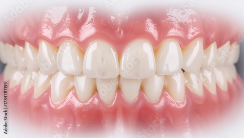 Artificial Dental Structure Closeup View of False Teeth with Gum Texture, Glossy Finish.
