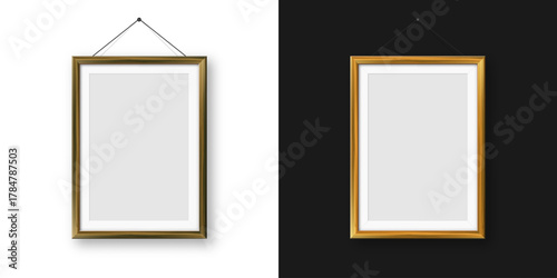 Realistic blank wooden picture frame. Modern poster mockup for artwork, photography, or advertising. Perfect for art galleries, interior decor, and branding. Vector illustration.