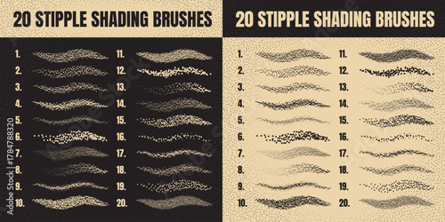 Ink scatter brush, stipple drawing and texturing. Fading gradient. Stippling, dotwork drawing, shading using dots. Halftone disintegration effect. White noise grainy texture. Vector illustration.