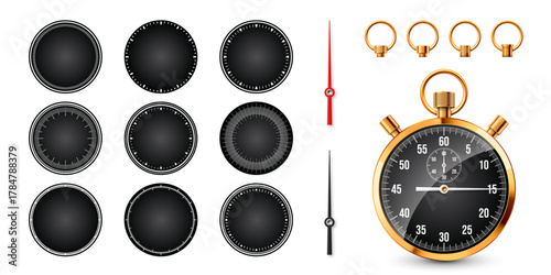 Realistic classic stopwatch. Shiny golden metal chronometer, time counter with dial. Countdown timer showing minutes and seconds. Time measurement for sport, start, finish. Vector illustration.