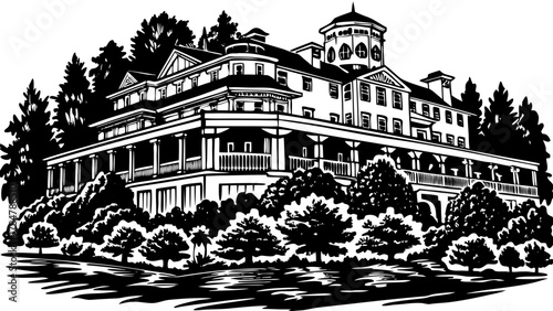 Very beautiful view of the historic Grand Hotel on Mackinac Island, Michigan, USA, featuring its elegant long front porch, classic white façade, vibrant summer greenery, and a realistic charming islan