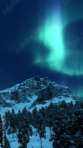 Panoramic shot of Northern Lights Aurora Borealis flashes in nighttime sky over snow covered mountains and fir forest at dark polar night. No people tranquil winter landscape vertical 3D animation.