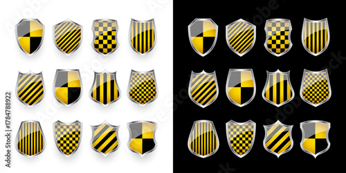 Glossy shields with yellow and black pattern. Security and protection concept. Cyber safety icons, internet privacy, web defense, digital data protection and antivirus themes. Vector illustration.