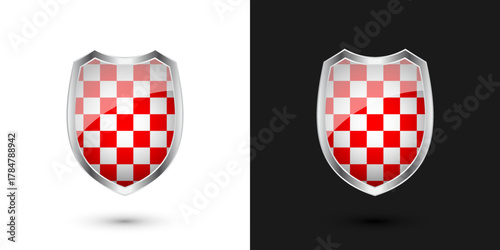 Glossy shield with red and black pattern. Security and protection concept. Cyber safety icons, internet privacy, web defense, digital data protection and antivirus themes. Vector illustration.