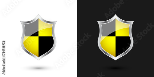 Glossy shields with yellow and black pattern. Security and protection concept. Cyber safety icons, internet privacy, web defense, digital data protection and antivirus themes. Vector illustration.