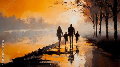 A family of four, walking along the road by water at sunset