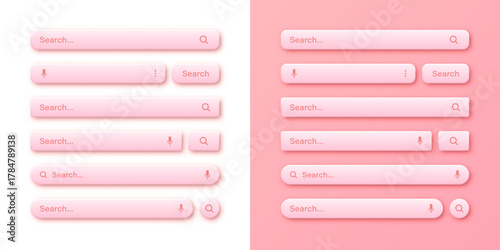 Colorful 3d search bar templates. Internet browser engine with search box, address bar and text field. UI design, website interface element with web icons and push button. Vector illustration.
