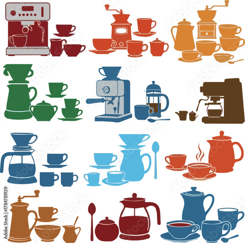  kinds of different coffee sets color vector art silhoueette with white background.