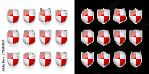 Glossy shield with red and black pattern. Security and protection concept. Cyber safety icons, internet privacy, web defense, digital data protection and antivirus themes. Vector illustration.