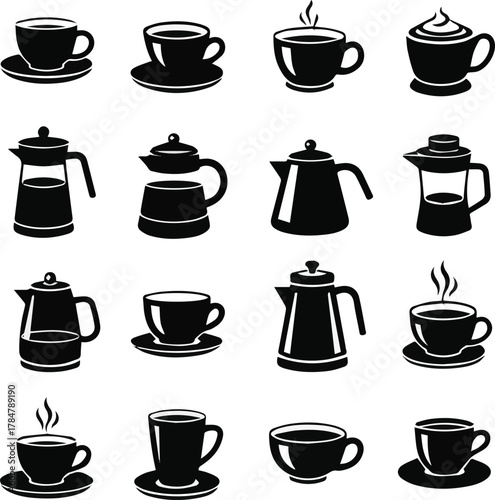 kinds of different coffee sets color vector art silhoueette with white background