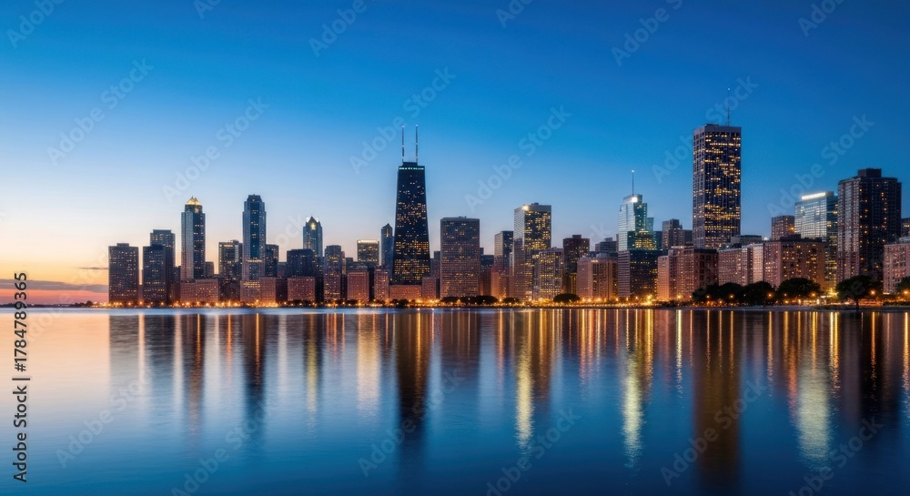 Naklejka premium City skyline at twilight reflects in water