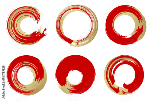 筆で書いた円形のベクター素材。日本の年賀などで使える色の組み合わせ。	
