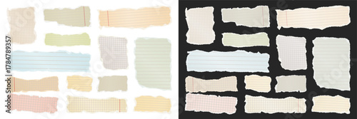 Ripped paper strips. Realistic crumpled paper scraps with torn edges. Shreds of notebook, book or old newspaper pages. Trendy collage elements. Vector illustration.