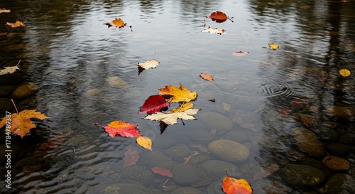 Colorful autumn leaves floating on the calm rippling water.