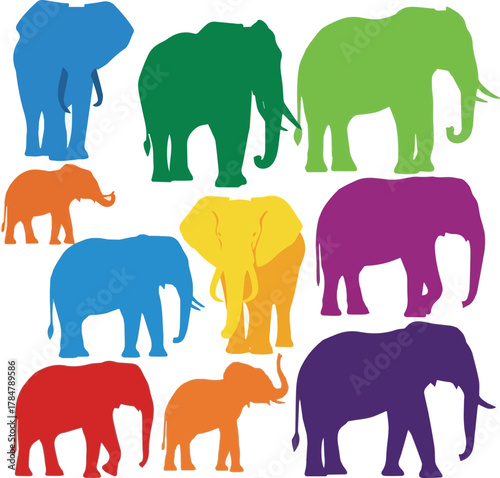  kinds of different elephants color vector art silhoueette with white background