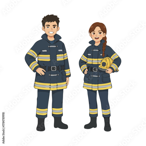 Cartoon Male and Female Firefighters in Protective Suits with Helmet.