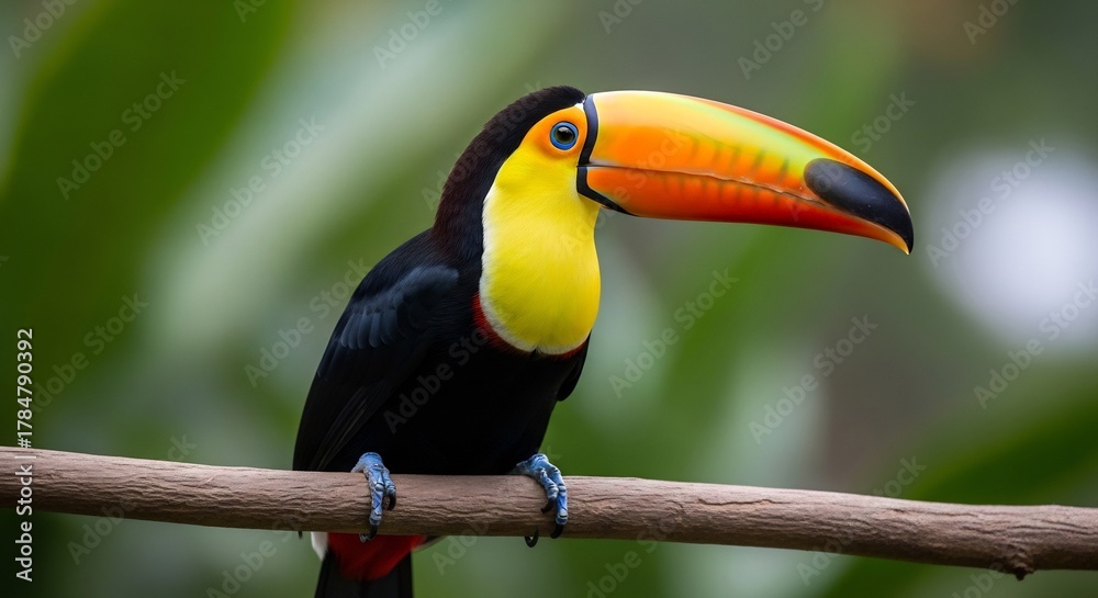 Fototapeta premium Toucan perched on a branch with colorful beak and yellow chest