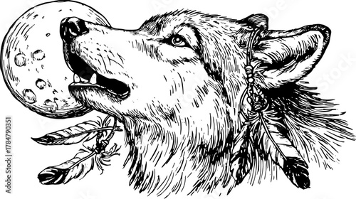Wolf drawing with vintage engraving style. Detailed line illustration featuring a moon and feathers in a vector set.