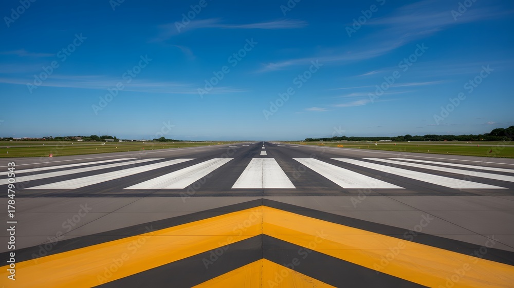 Fototapeta premium Empty airport runway with clear blue sky and bright markings, ready for takeoff and travel