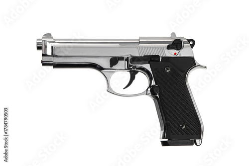 Photography Chrome-plated semi-automatic pistol with black grips on a white back