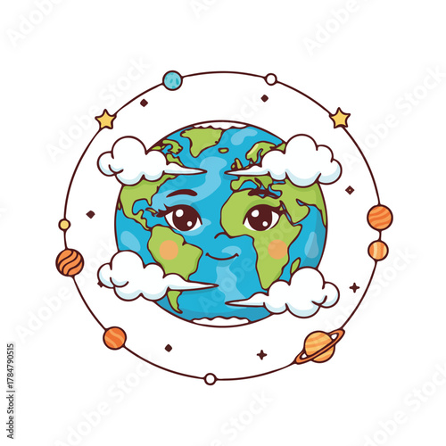 Adorable Cartoon Earth with Friendly Face and Celestial Companions.