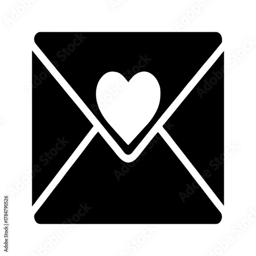 Simple black silhouette of an open envelope with a white heart shape cutout on the flap symbolizing love letters and romantic communication