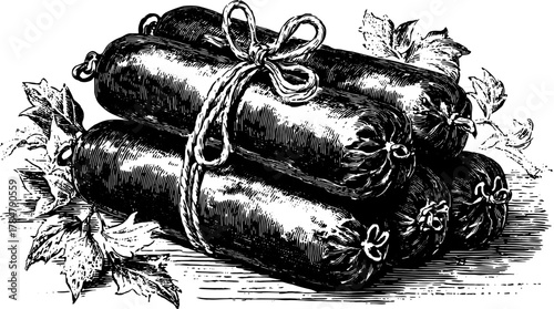 Vintage sausage illustration in black engraving style featuring a detailed hand-drawn outline. The set showcases cured meat wrapped with rope and garnished by leaves.