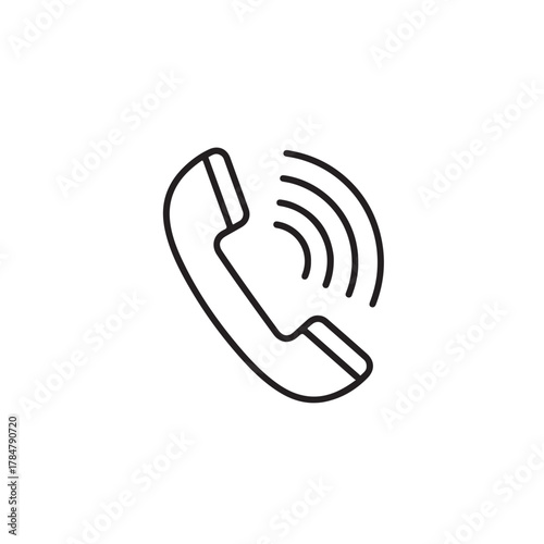 A simple line art icon of a telephone handset with sound waves emanating from it, isolated on a