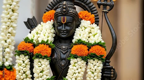 Depiction of a Hindu Deity with Floral Garlands - A Black Stone Statue of Lord Rama Adorned with Orange and White Flowers in a Traditional Setting