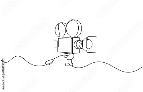 Minimalist continuous one line drawing of a vintage movie camera vector illustration. Editable outline