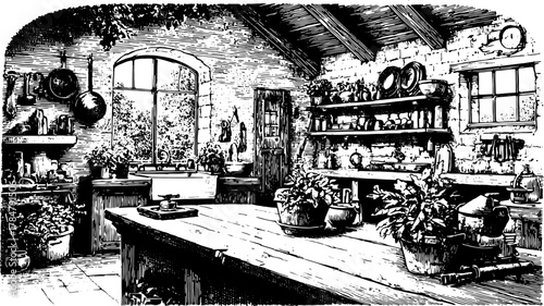 Vintage kitchen illustration featuring detailed engravings. The black outline set showcases pots, plants, shelves, and tools in a warm atmosphere, in vector style.
