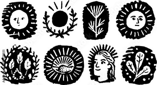 Black and white illustration featuring sun motifs and nature elements. A decorative vector set showcasing circular designs and leaves in a minimal style.