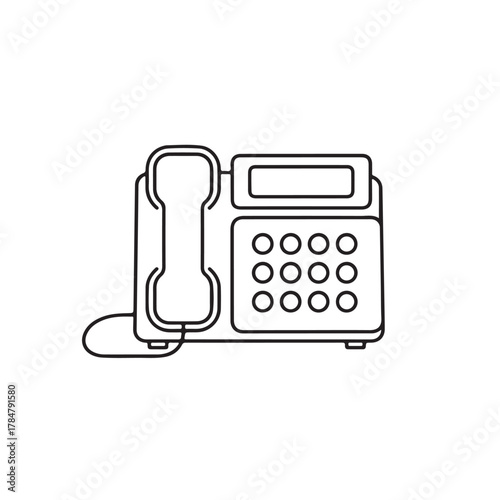 Line art illustration of a classic office telephone with handset and keypad
