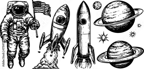Vintage astronaut with a rocket and planets in a black outline vector illustration. This detailed set captures elements of space exploration and the cosmos.