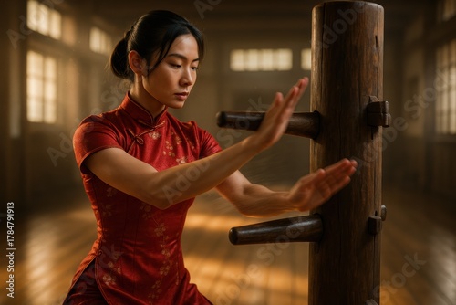 Martial artist refining technique on Wing Chun wooden dummy. Ideal for martial arts schools, sportswear campaigns, film production and cultural heritage visuals.