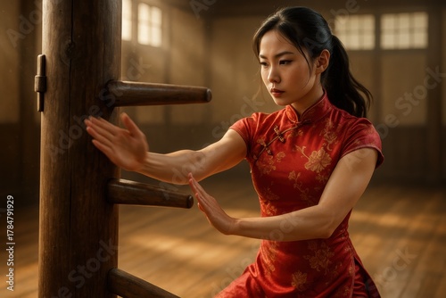 Graceful Wing Chun student performing precision strikes. Use for self defense training, martial arts schools, motivational advertising and heritage visuals.